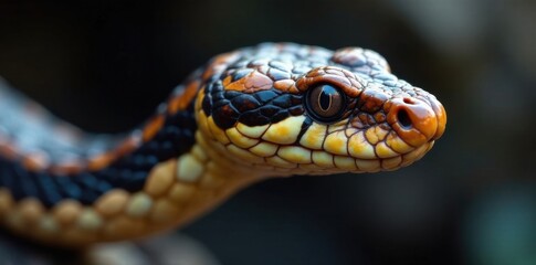 Obraz premium Snake's head with prominent scales, small eyes, and a thin neck, in a close-up view, , blue viper snake face, reptile closeup