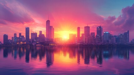 Fototapeta premium Flat design of a city skyline at sunset with soft gradient colors