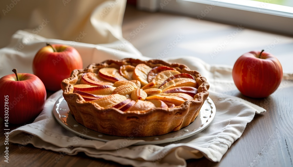 Poster delicious tempting pie displayed on a table surrounded by fresh apples in cozy setting