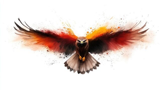 471. Watercolor painting of a hawk spreading its wings wide, feathers merging into the wind on an absolutely white background.