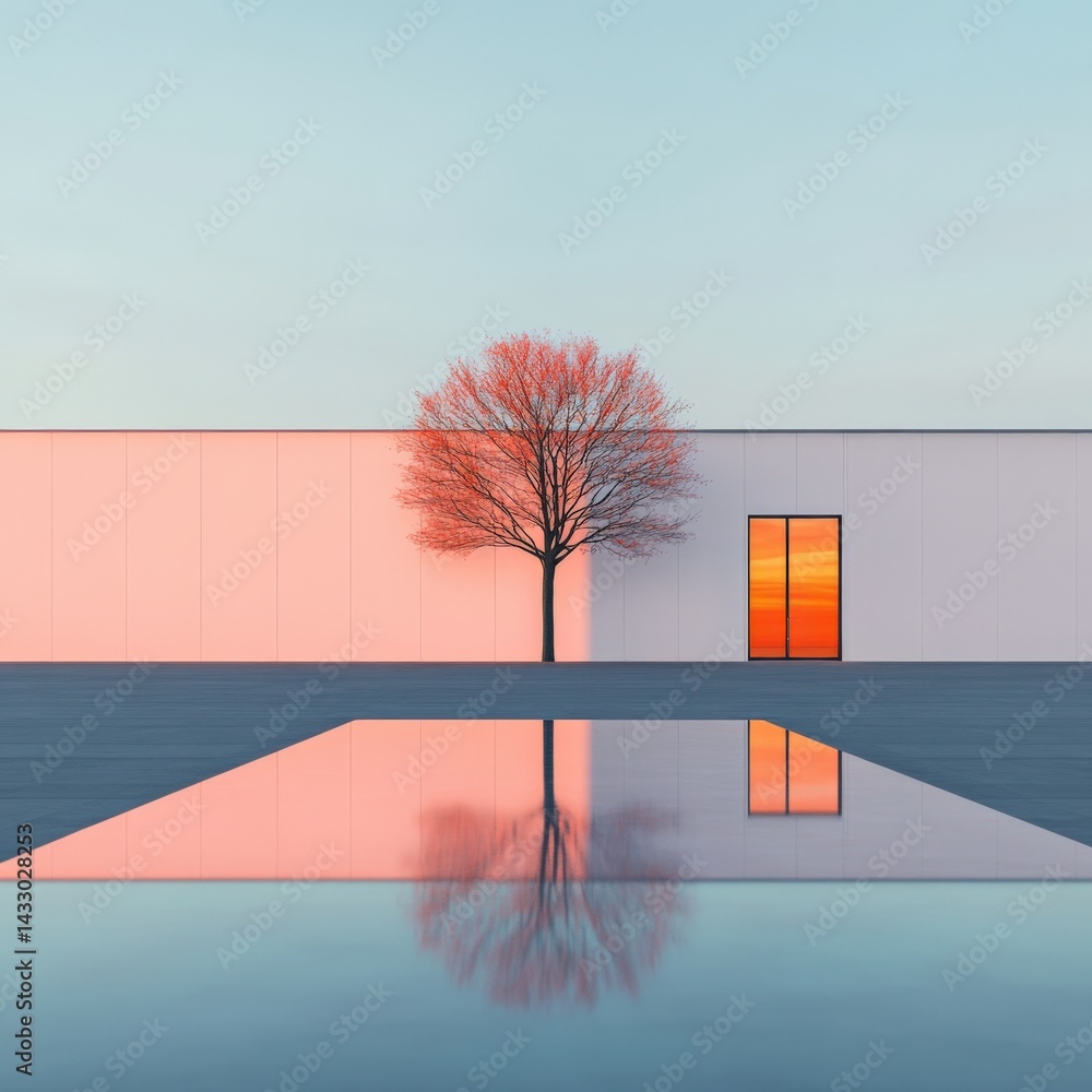 Poster building facade and tree reflection