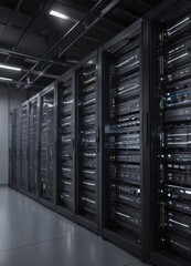 Gleaming server racks and complex network cabling in a high-tech server room ,  server rack,  technology equipment