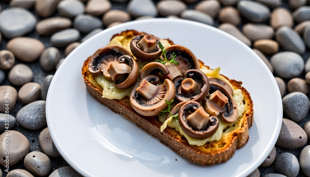 Poster tempting plate of food on a table featuring mushroom toast in a serene and cozy setting