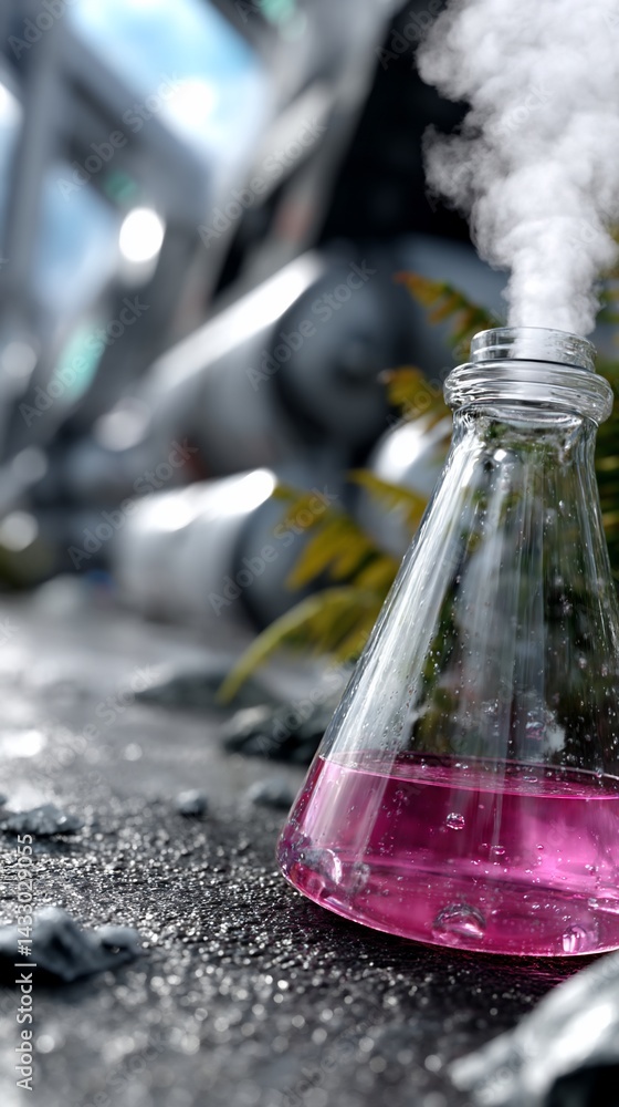 Poster futuristic lab experiment with pink liquid in flask