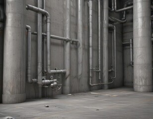 Grey textured concrete backdrop, metallic pipes & machinery details  , rough, pipework