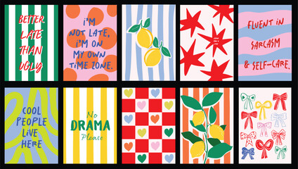 Playful and colorful doodle-style prints featuring stripes, dots, bows, background and fun quotes. Bright, funky artwork perfect for home or kitchen decor, postcards, banners, or t-shirt graphics