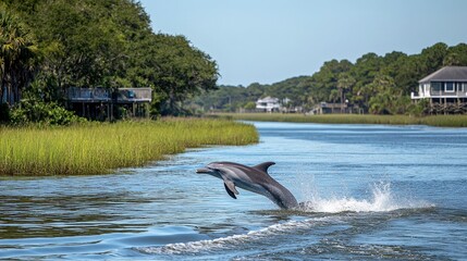 Coastal waterway scene featuring playful dolphins.