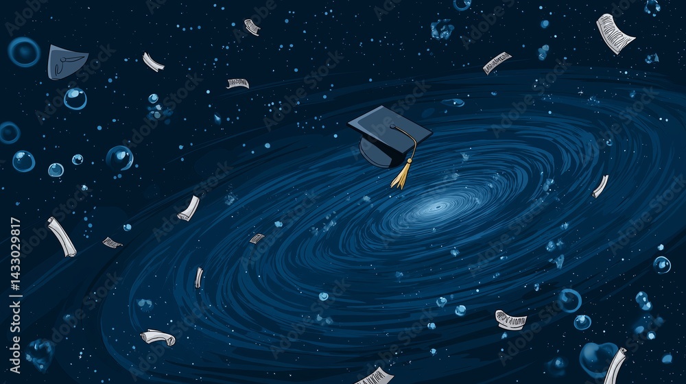 Poster graduation cap floating in space with stars and diplomas around