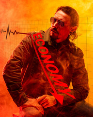 Conceptual collage. Man in shirt under falling red economy arrow and flatline representing total...
