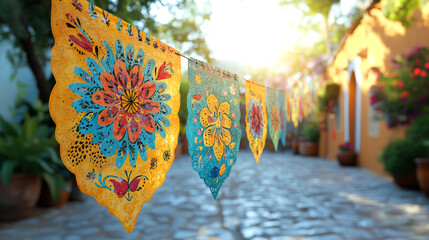 Obraz premium Papel Picado Banners Colorful cut paper hangs across sunny street; fiesta, celebration, Mexico.
