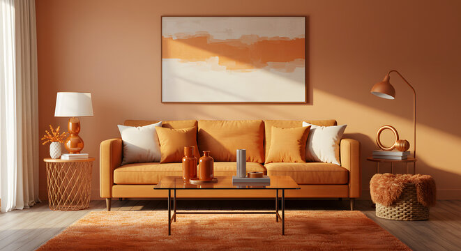 Warm Amber Living Room: A Sun-Drenched, Modern Interior Design