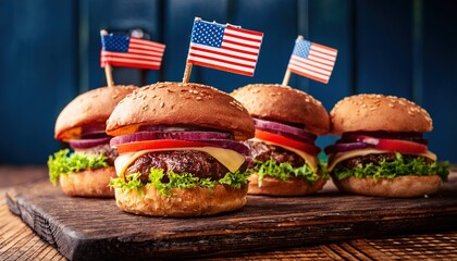 Juicy burgers piled with colorful toppings and flags, embodying the July 4 spirit.