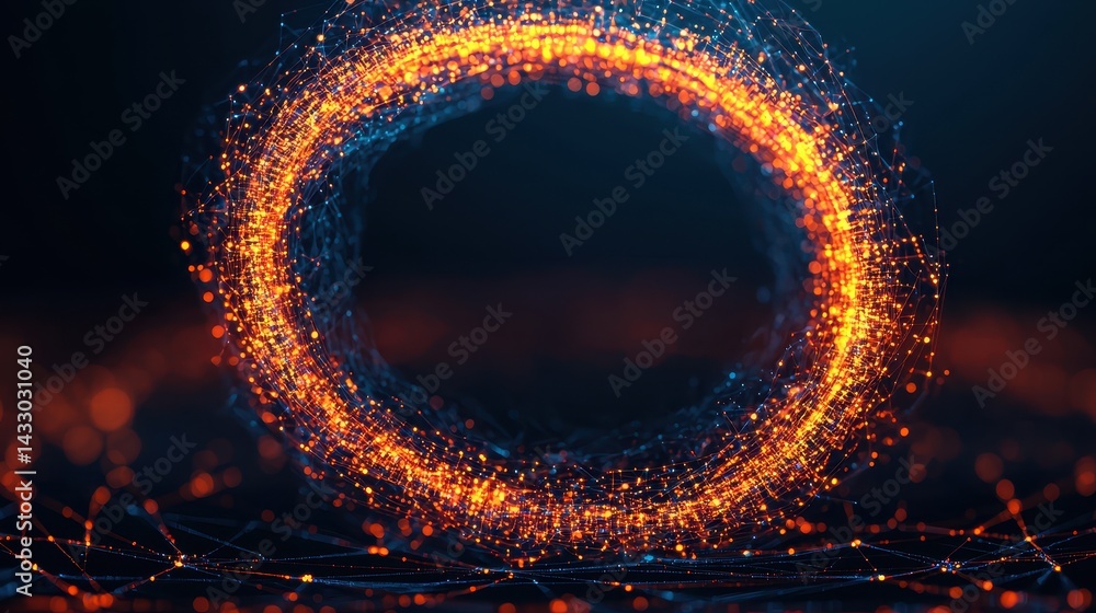 Poster abstract glow of energetic particles forming a dynamic circular shape with vibrant colors in a digit