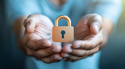 Floating holographic padlock above hands of cybersecurity expert digital environment conceptual visualization high-tech perspective