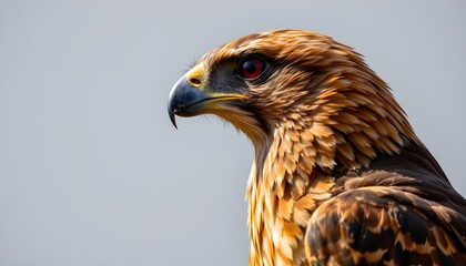Close-up of a bright hawk with very red eyes gazing intently from its perch