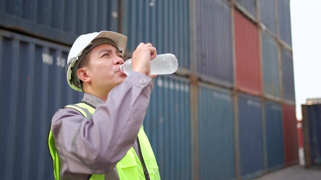 Custom officer or container yard worker drinking water from bottle while taking a break.