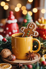 Festive Yellow Mug Filled with Hot Beverage and Adorable Gingerbread Man Surrounded by Christmas Decor in Cozy Atmosphere