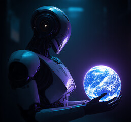 Robot Holding Earth Hologram