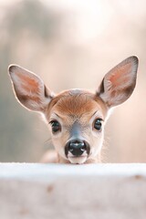 Fototapeta premium Close-up of a Charming Fawn Leaning on a White Surface with Gentle Lighting