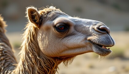 Obraz premium Impressive close-up of a camel with an abundant long mane and a fierce expression in sand
