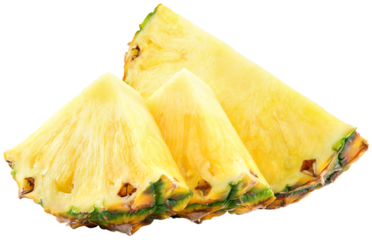 Pineapple isolated png. Pineapple slice on transparent background. Cut pineapple no background. Pineapple half of slice and pieces on transparent png. Full depth of field.