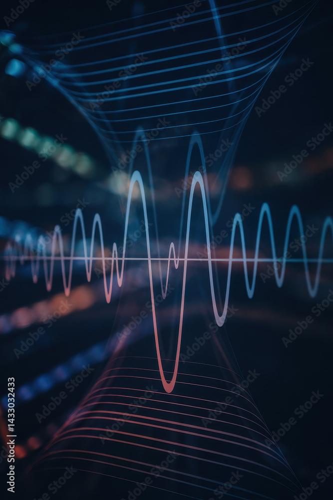 Poster dynamic sound waves visualization in cool tones with pulsating energy