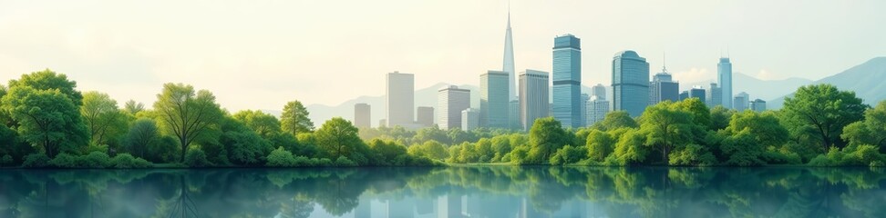 Obraz premium Modern city skyline blended with lush forest landscape in artistic double exposure, double exposure, cityscape, environment