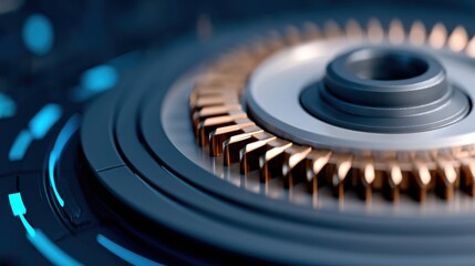 A close-up of a mechanical component featuring intricate metallic details and a futuristic design, emphasizing precision and technology.