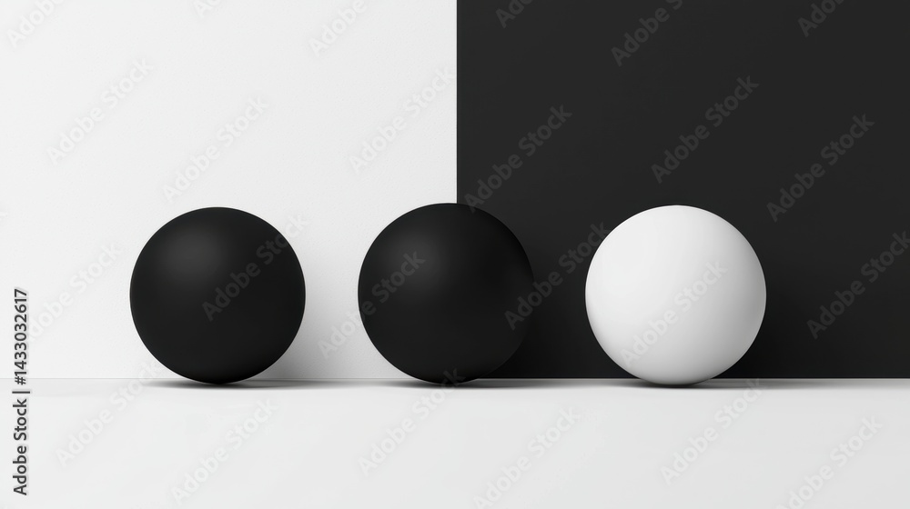 Poster three spheres of different colors and sizes are arranged in a row against a black and white backgrou