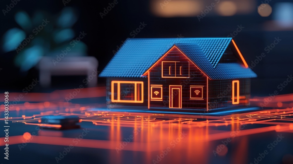 Aufkleber futuristic smart home model with neon lights on display with digital interface in modern home enviro