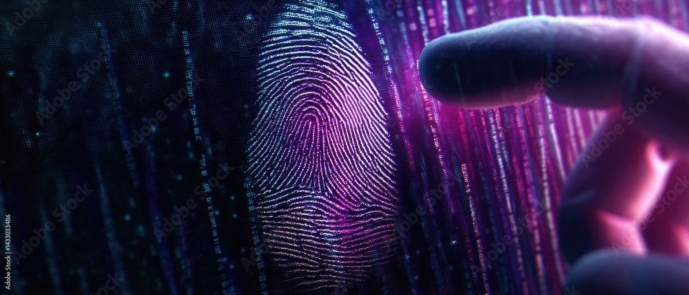 Poster dna chromosome forensic concept digital fingerprint with a glowing background and a finger touching 