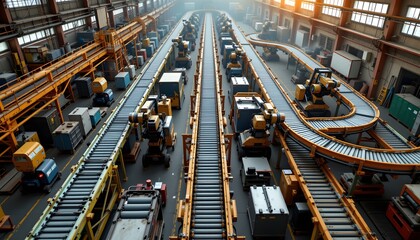 Aerial view of bustling factory floor filled with machinery and active production lines