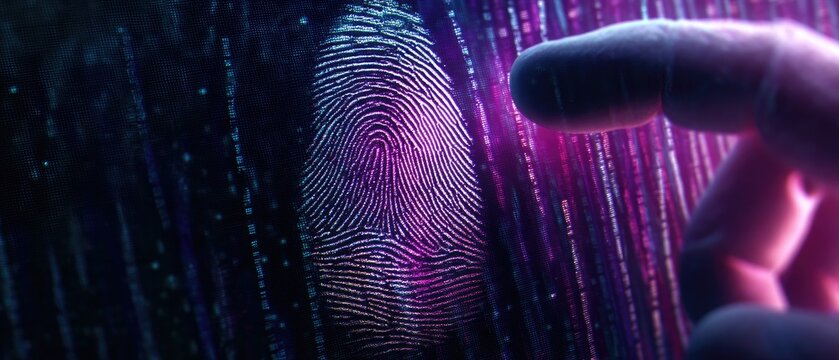 DNA chromosome forensic concept Digital fingerprint with a glowing background and a finger touching it.