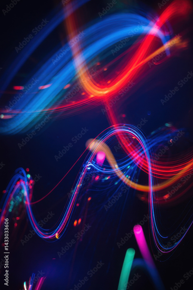 Poster dynamic spectrum of neon light waves creating a vibrant dance of colorful energy in dark background