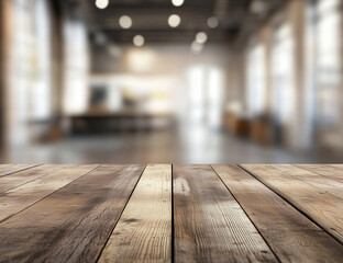 A close up of a wooden table with a blurred background of a modern, industrial-style interior. The warm wooden texture contrasts with the soft, ambient light in the space