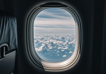 Naklejka premium Airplane Window View: Serene Cloudscape in a Moody Atmosphere