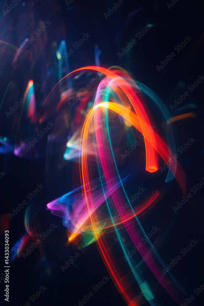 Aufkleber vibrant abstract light trails in neon colors creating energetic patterns against a dark background