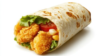 A chicken burrito with rice, vegetables, and sauce wrapped in a tortilla.