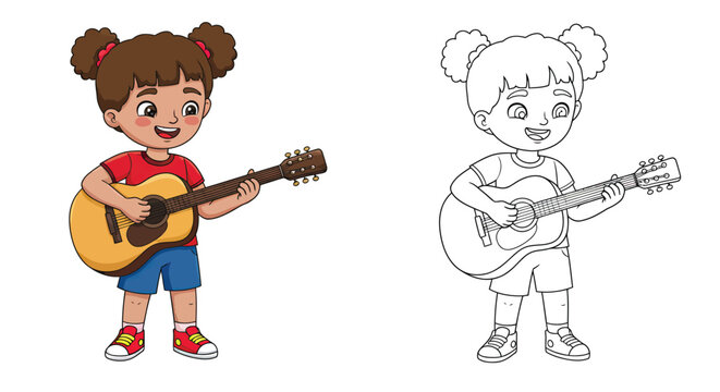 Cute Girl Playing Guitar: A cheerful young girl with two braids plays an acoustic guitar, capturing the joy and passion of music in this illustration.