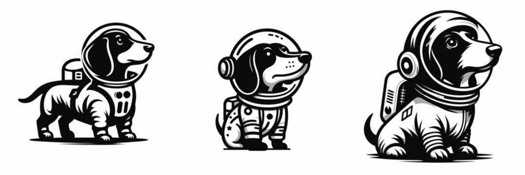 Dachshund Dog in astronaut costume. Animal Space suit universe galaxy cartoon character clipart. Wiener canine spaceman attire doxie pet wearing cosmic explorer garment.