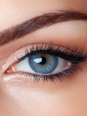 A close-up of a person's eye, featuring vibrant blue and green hues in the iris, long eyelashes, and smooth skin. The detailed focus highlights the natural beauty of the eye, creating an engaging and 