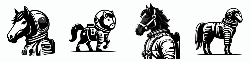 Fototapeta premium Horse in astronaut costume. Animal Space suit universe galaxy cartoon character clipart. Equine wearing spacewalk attire cosmic exploration equestrian art.