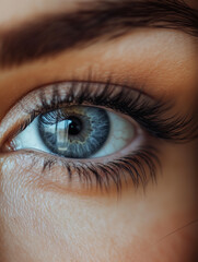 Obraz premium A close-up of a woman's eye, featuring striking blue and green hues in the iris, long lashes, and defined eyebrows. The soft lighting emphasizes the clarity and beauty of the eye