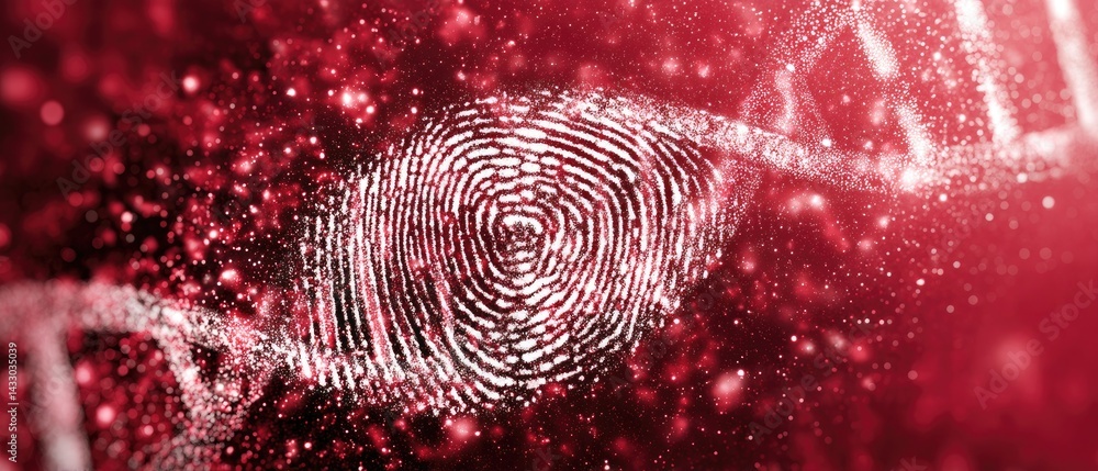 Aufkleber dna chromosome forensic concept abstract fingerprint design with particles on a red background.