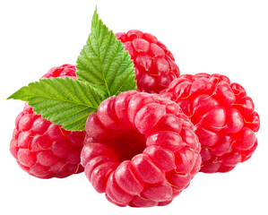 Raspberry isolated png. Raspberries with leaves on transparent background. Whole four raspberries...