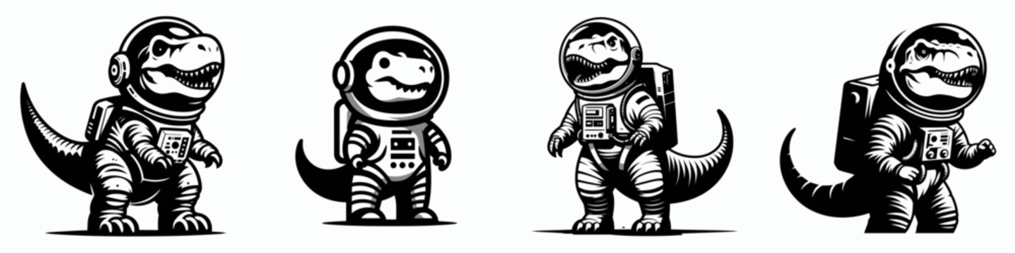 T rex in astronaut costume. Animal Space suit universe galaxy cartoon character clipart. Colossal reptile spacesuit attire a prehistoric spaceman depiction.