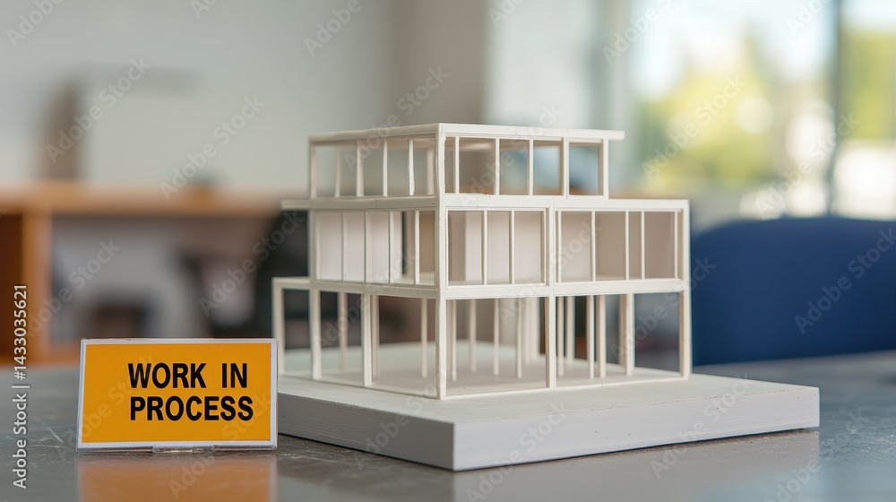 Poster architectural model for modern building development with work in process sign on table in bright wor