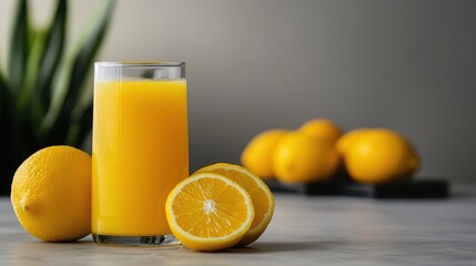 Naklejka premium Fresh Lemon Juice in a Glass with Whole and Sliced Lemons on a Light Surface with a Neutral Background