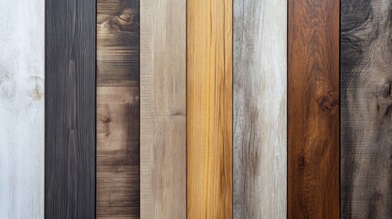 Variety of wood-look flooring samples in different shades and tones