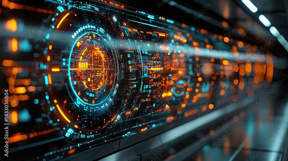 Poster futuristic data stream: a mesmerizing digital landscape of glowing interfaces and intricate circuits